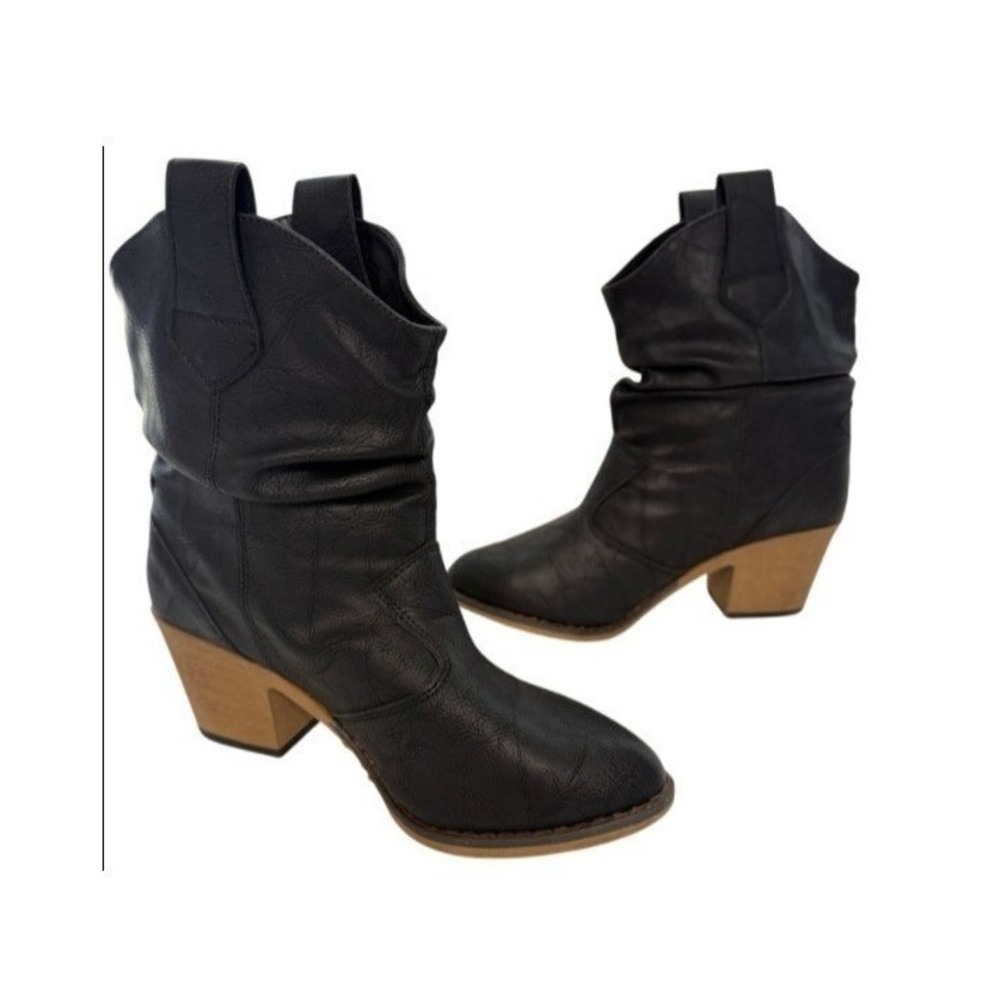 Charles Albert Cowboy Boots Sz 6.5 Black Slouchy Stacked Heel Western Boho